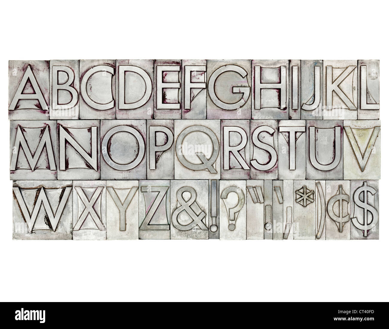 Englisches Alphabet, Interpunktion, Dollar und Cent Zeichen in Vintage Metall-Typ Stockfoto
