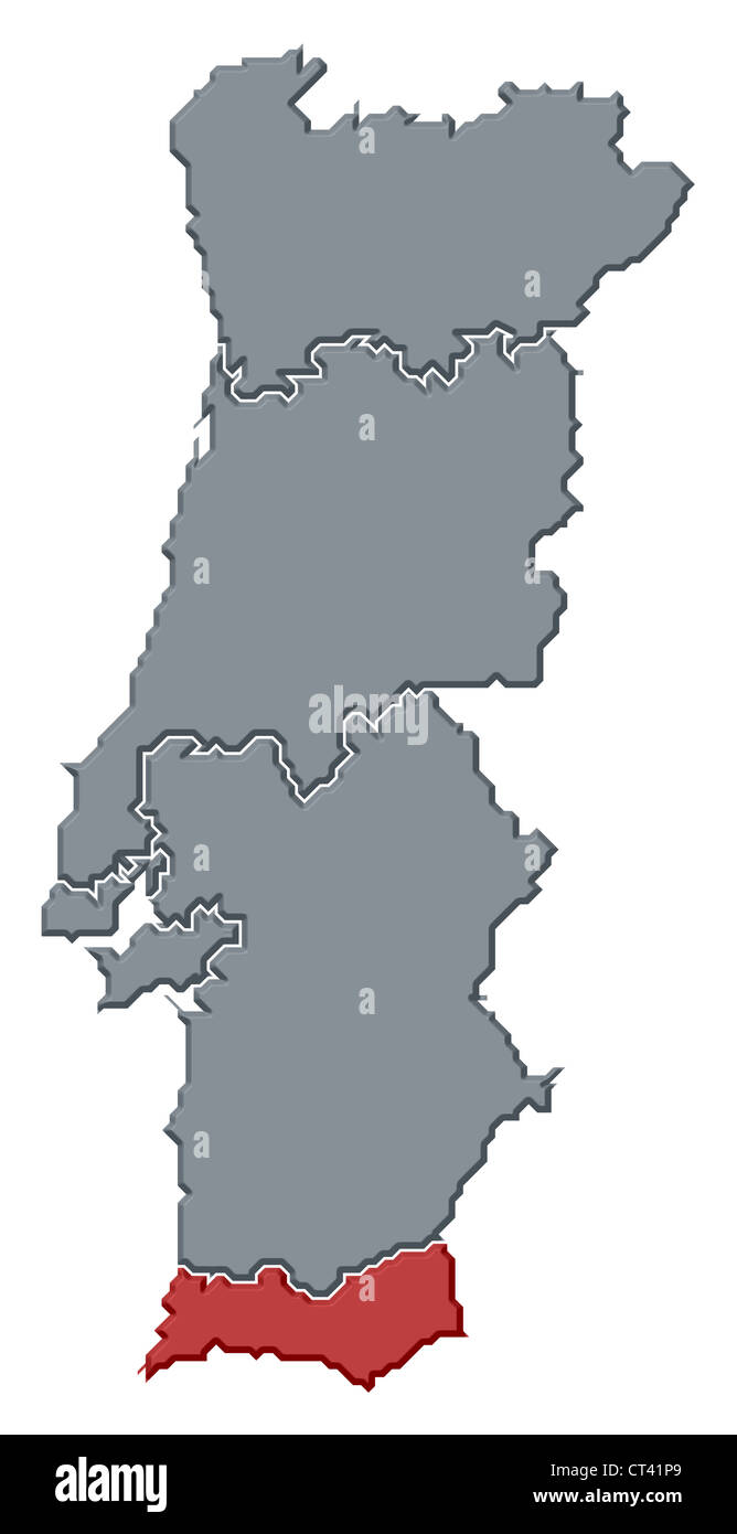 Politische Karte von Portugal mit den mehreren Regionen, wo die Algarve markiert ist. Stockfoto