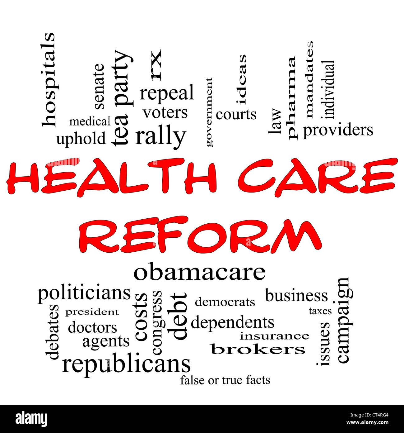 Health Care Reform Word Cloud-Konzept in roten Großbuchstaben mit großen Begriffe wie Gesundheit, Politik, Gerichte, Versicherungen Stockfoto