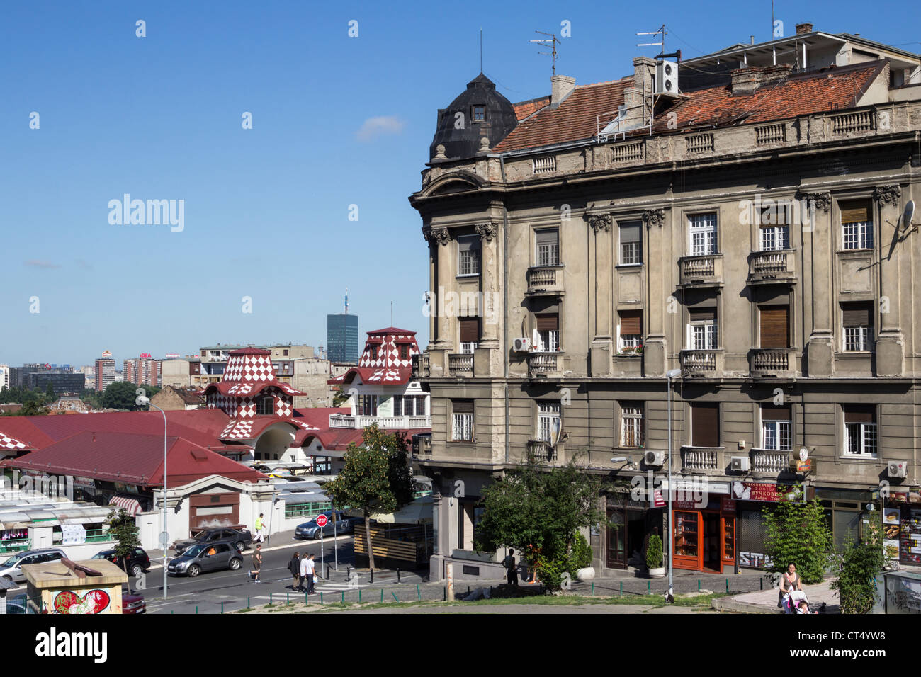 Stadtzentrum von Belgrad in Serbien Luftbild aus Zleni Venac (Markt) Stockfoto
