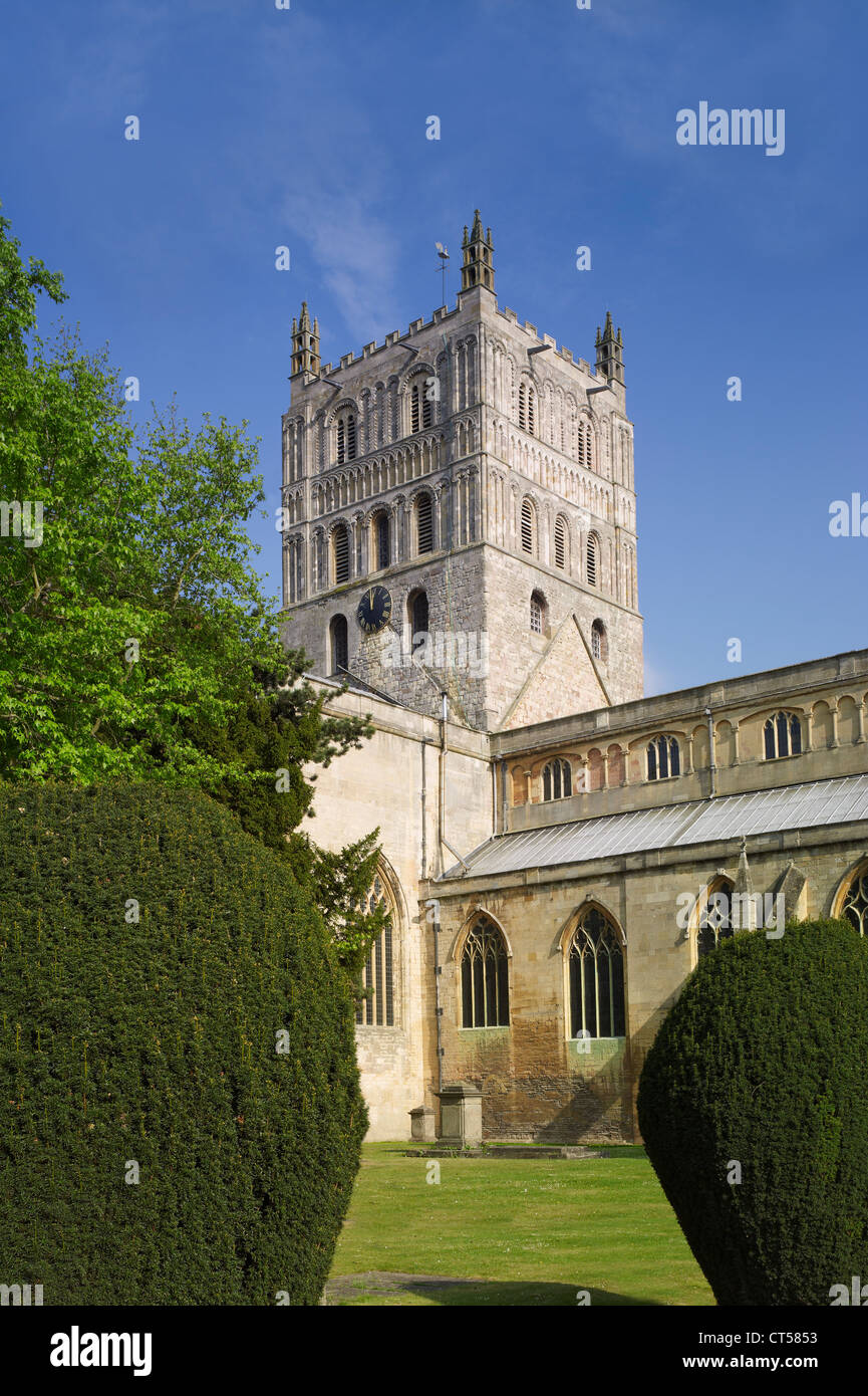 Tewkesbury Abbey, Tower aus NW. Stockfoto