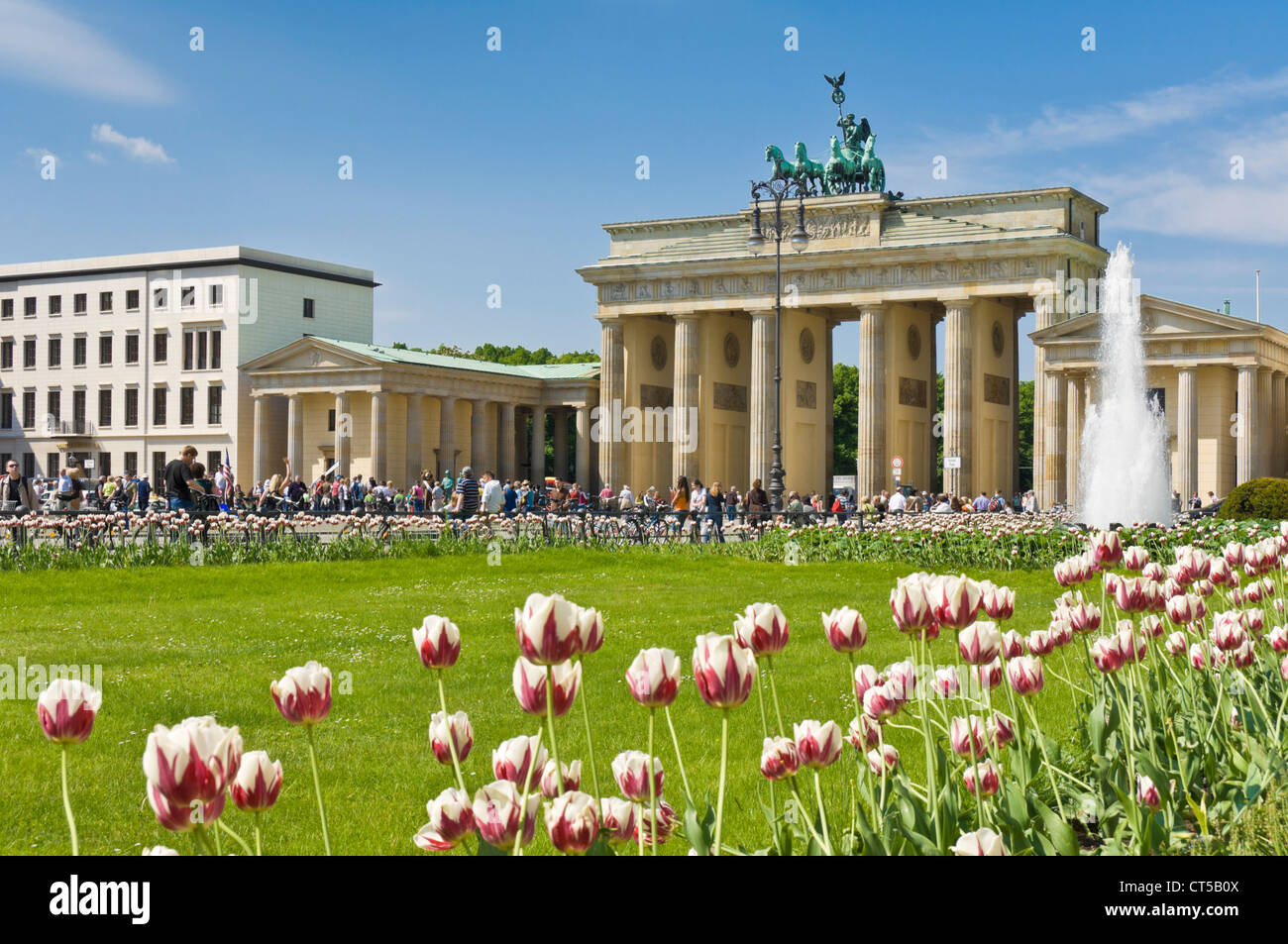 Brandenburger Tor-Pariser Platz mit Brunnen, Gärten und Tulpen Berlin Deutschland EU Europa Stockfoto