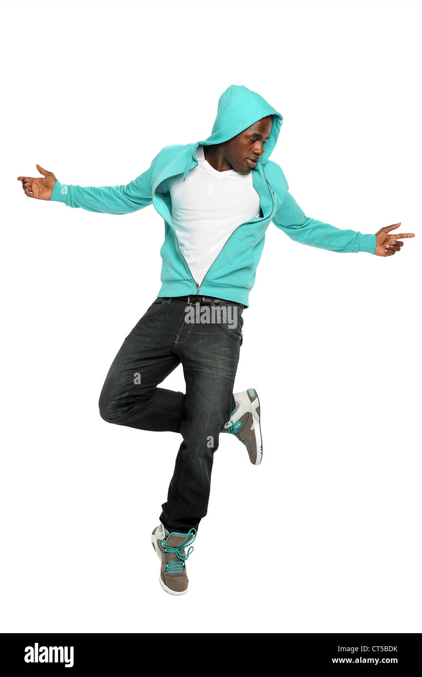Afrikanische amerikanische Hip-Hop-Tänzer springen isoliert auf weißem Hintergrund Stockfoto