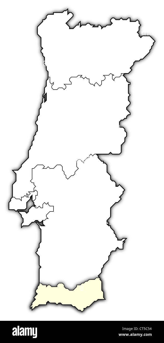 Politische Karte von Portugal mit den mehreren Regionen, wo die Algarve markiert ist. Stockfoto