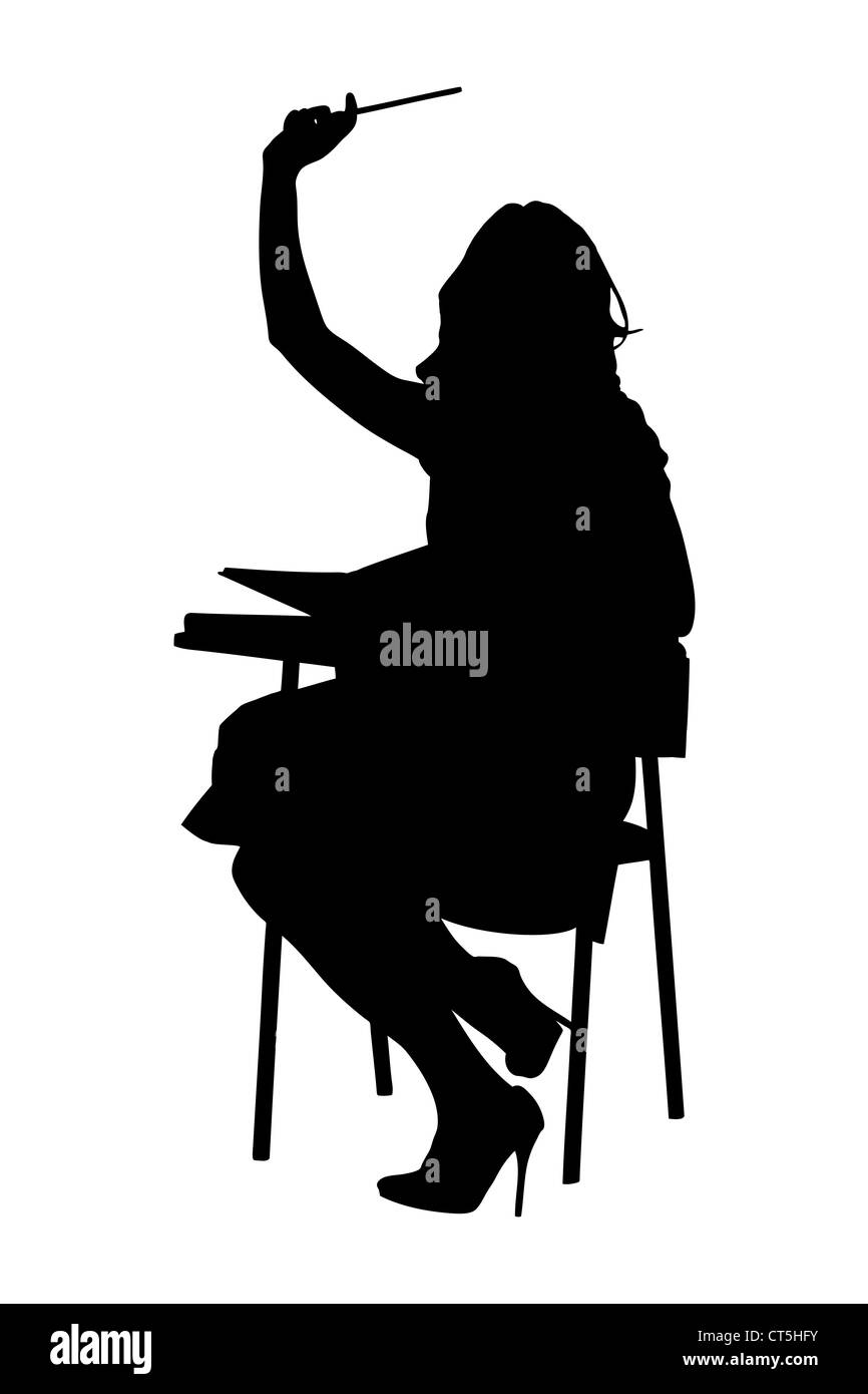 Eine Silhouette einer Schülerin, hob ihre Hand isoliert auf weißem Hintergrund Stockfoto