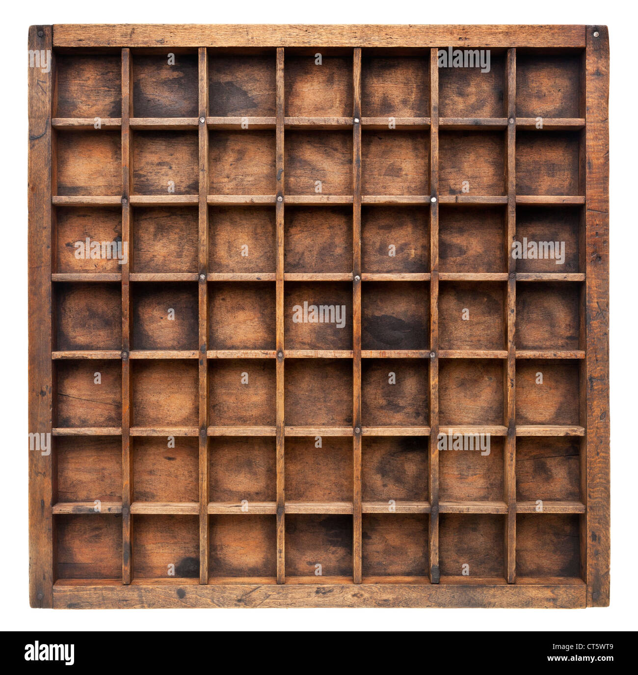 Vintage Holz Drucker (Schriftsetzer) Schublade mit zahlreichen Teiler, isoliert auf weiss Stockfoto