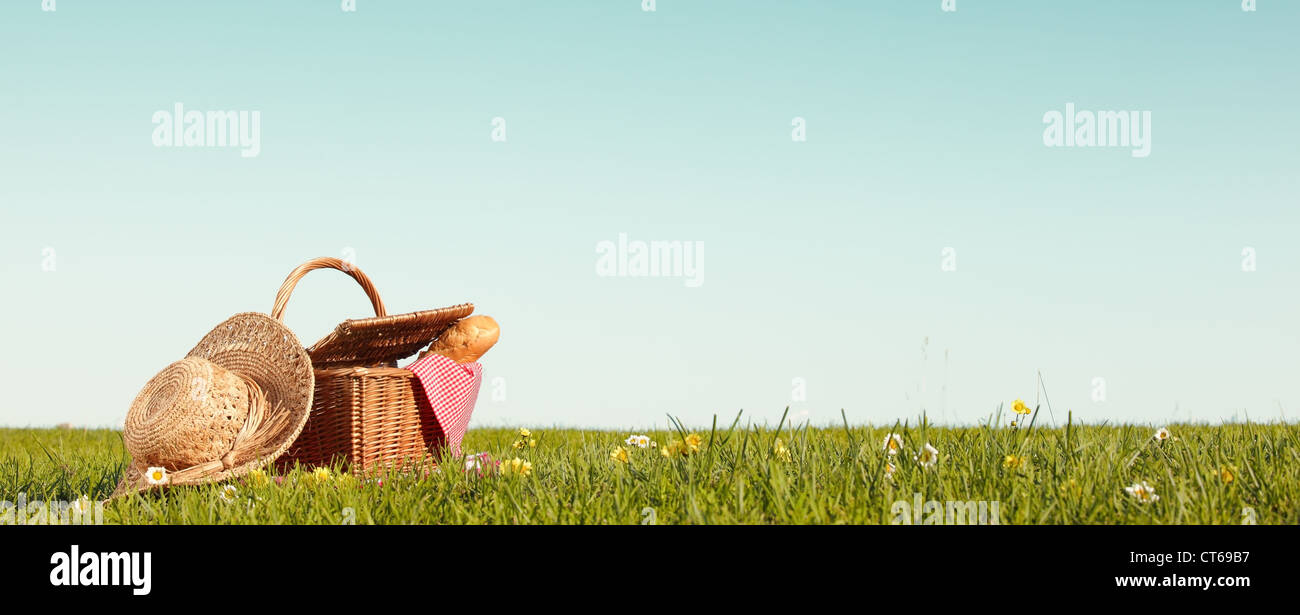 Picknick auf der Wiese, Textfreiraum für Ihren Text. Stockfoto