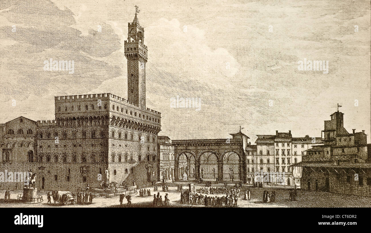Piazza della Signoria in Florenz, eine Gravur des 19. Jahrhunderts Stockfoto