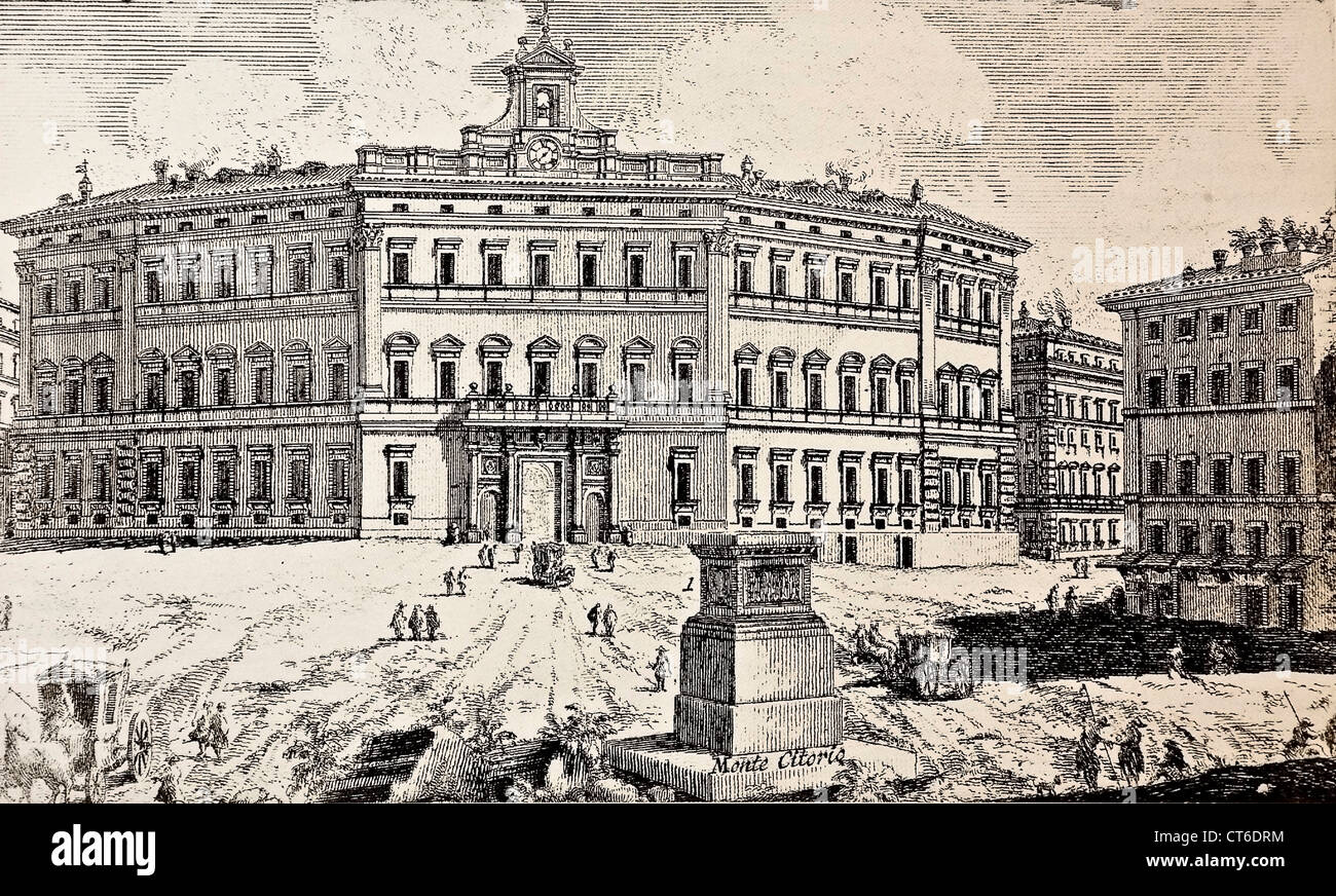 Rom der Palast der Curia Innocenziana (Montecitorio) und die Spalte des Antoninus Pius Basis (Ende des XVIII. Jh.) Stockfoto