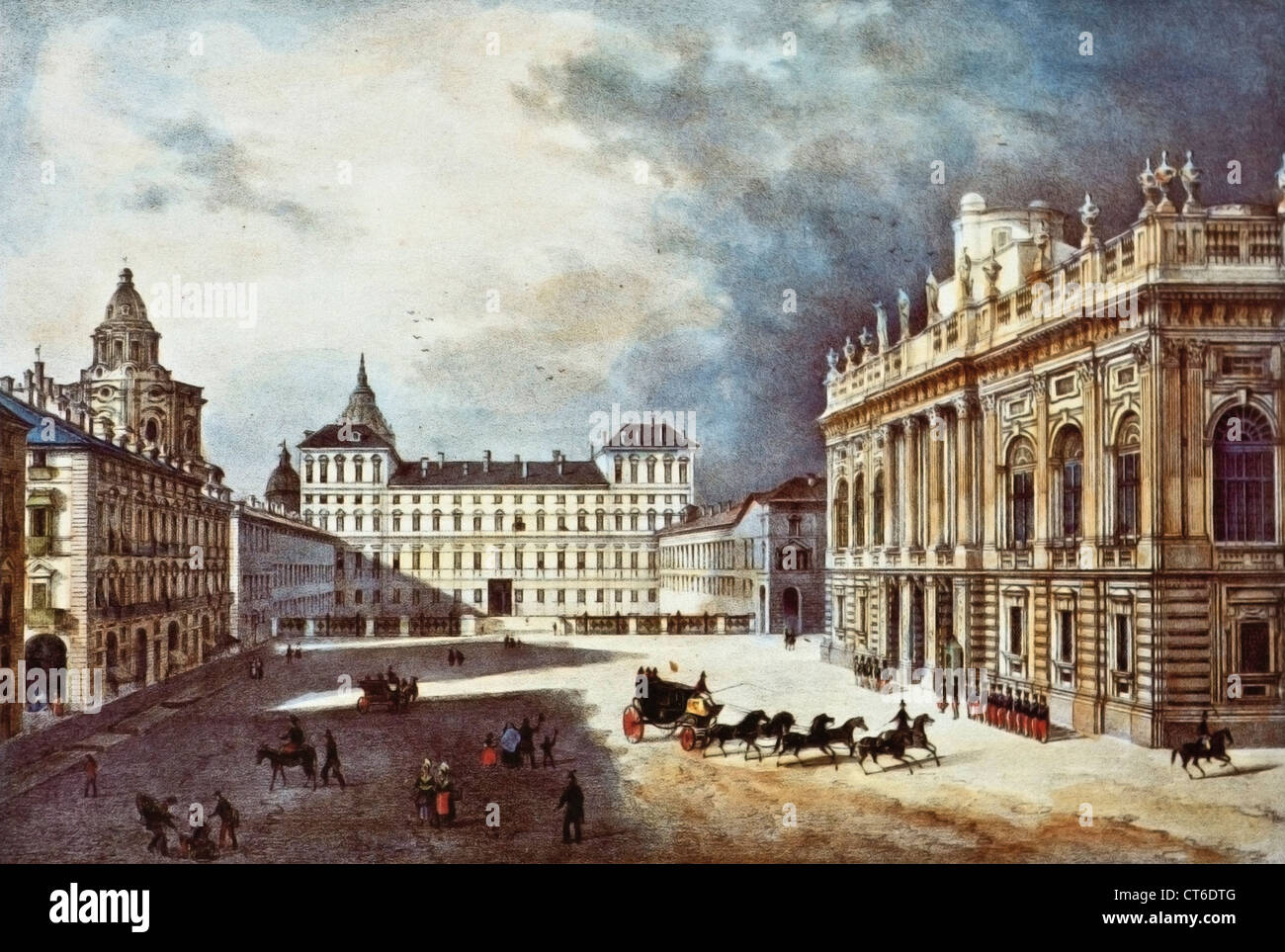 Turin-Ansicht der Piazza Castello Lithographie in Farben von Enrico Gonin und von Nicolas Chapuy entworfen. Turin Bracciarini 1852 Stockfoto