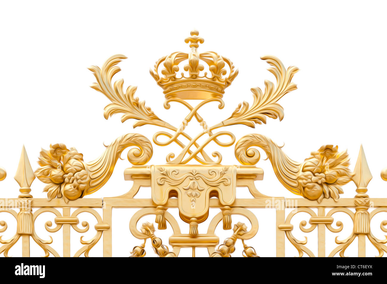 Golden verzierten Tor des Chateau de Versailles isoliert auf weißem Hintergrund. Paris, Frankreich, Europa. Ölfarbe Effekt. Stockfoto