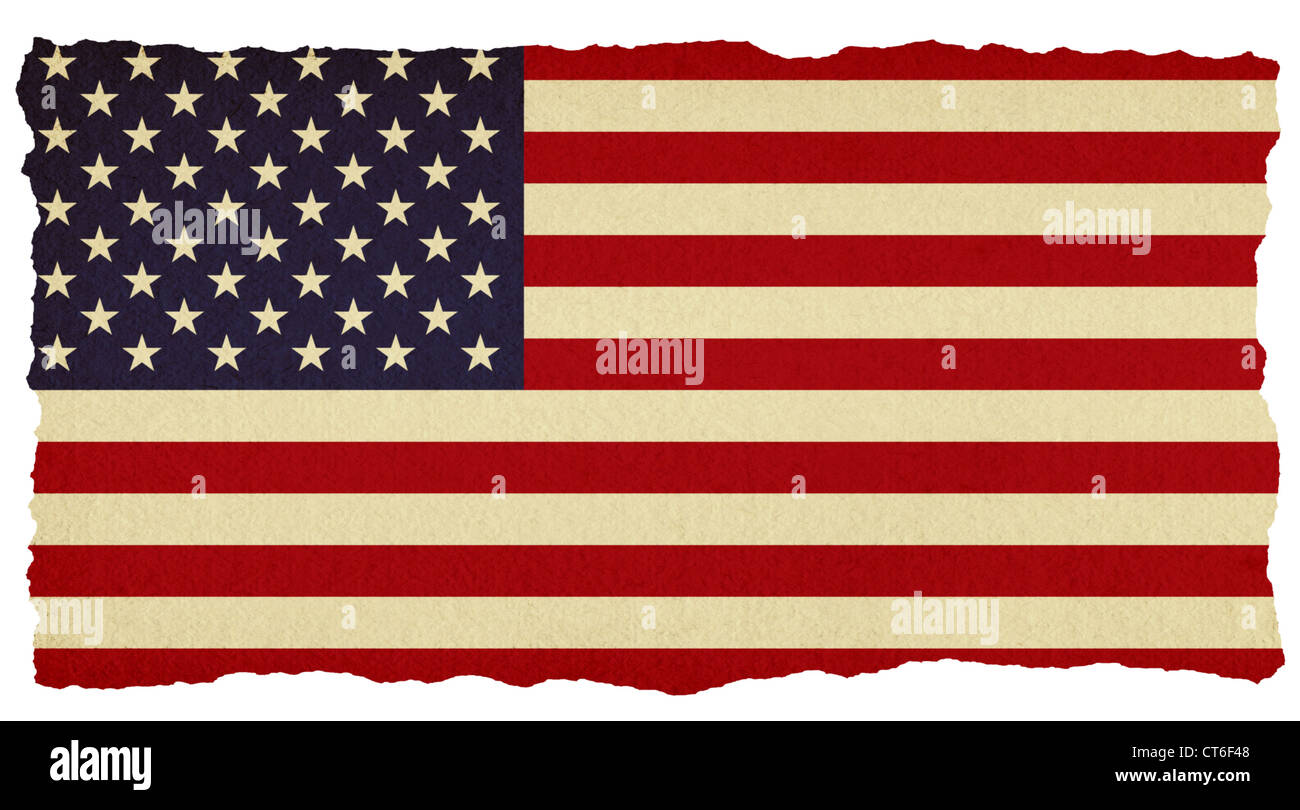 USA-Sterne und Streifen Fahne auf alten zerrissenes Papier isoliert. Stockfoto