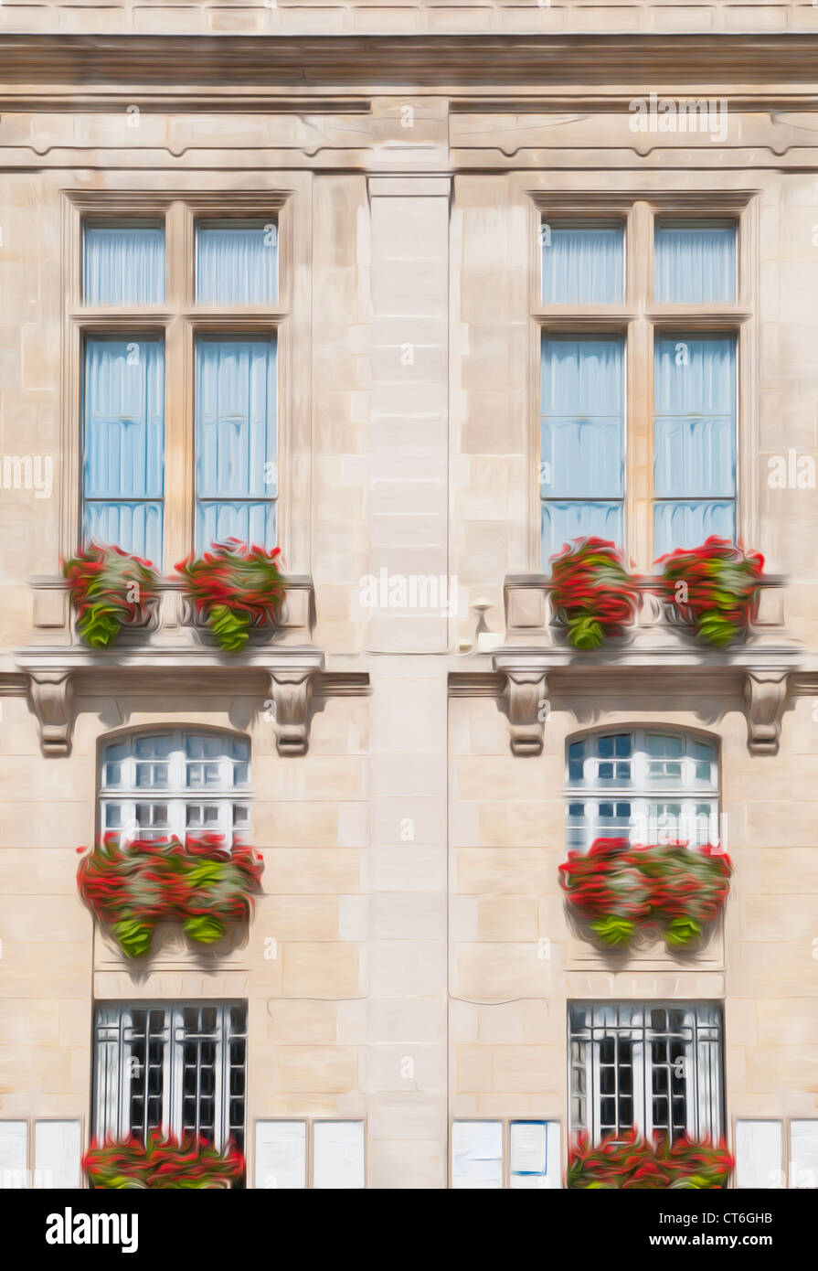 Schöne Fassade der alten Gebäude mit großen Fenstern und Blumen. Paris, Frankreich, Europa. Ölfarbe Effekt. Stockfoto