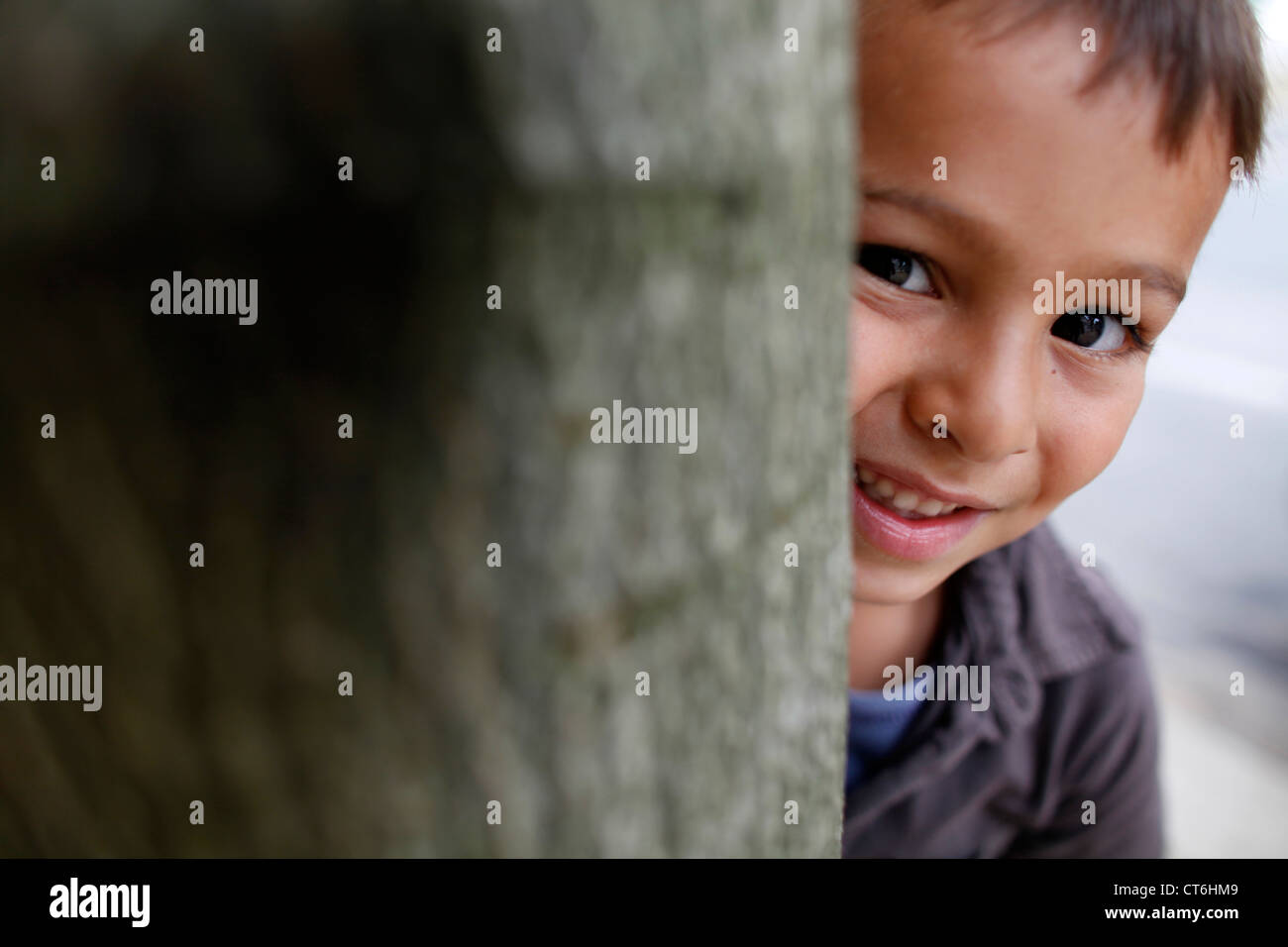 5-Year-Old Boy spielen verstecken und suchen Stockfoto