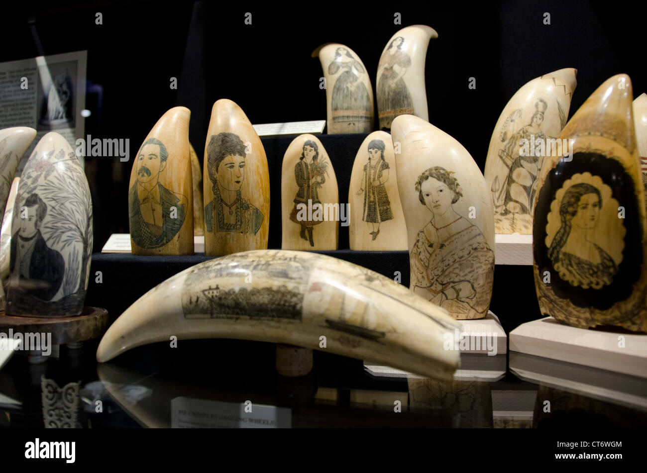 Massachusetts, New Bedford. New Bedford Whaling Museum. Sammlung von traditionellen Walfänger Hand gemacht Scrimshaw. Stockfoto