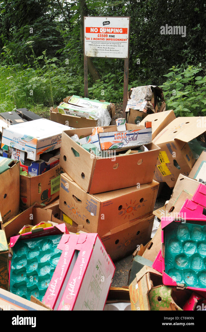 Müll Spitze fliegen vor der Nr. Dumping Warnschild, Bromley, Kent Stockfoto