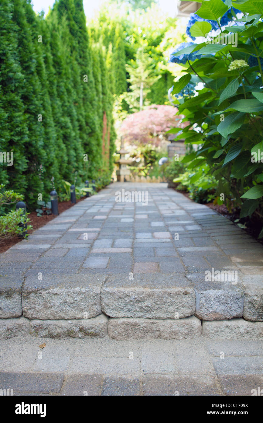 Fertiger Garten Weg Gehweg mit Lichtern, Garten Landschaftsbau Stockfoto