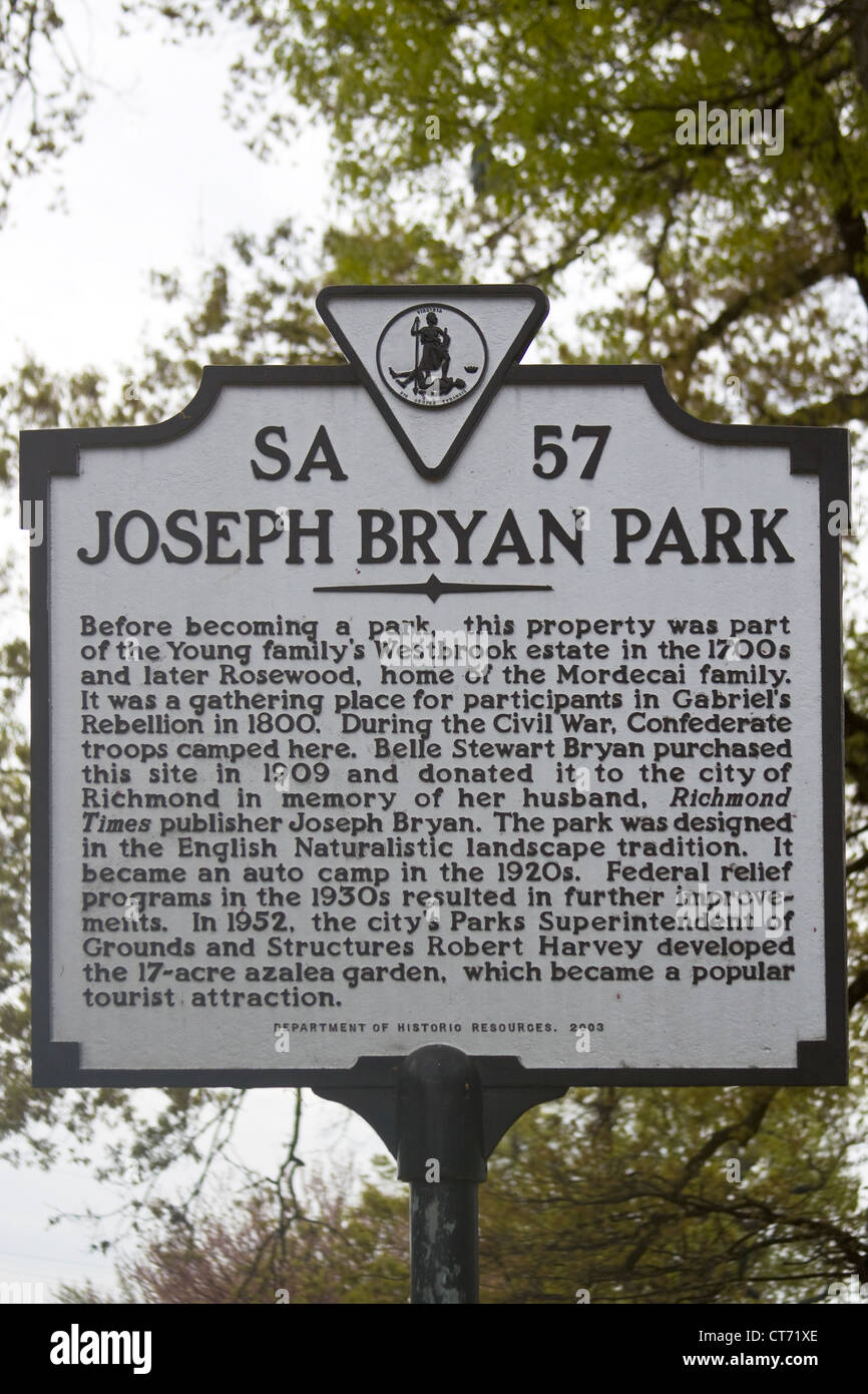 Joseph Bryan Park historische Seite Marker Betriebsnummer SA 57 in der Stadt von Richmond, Virginia. Stockfoto