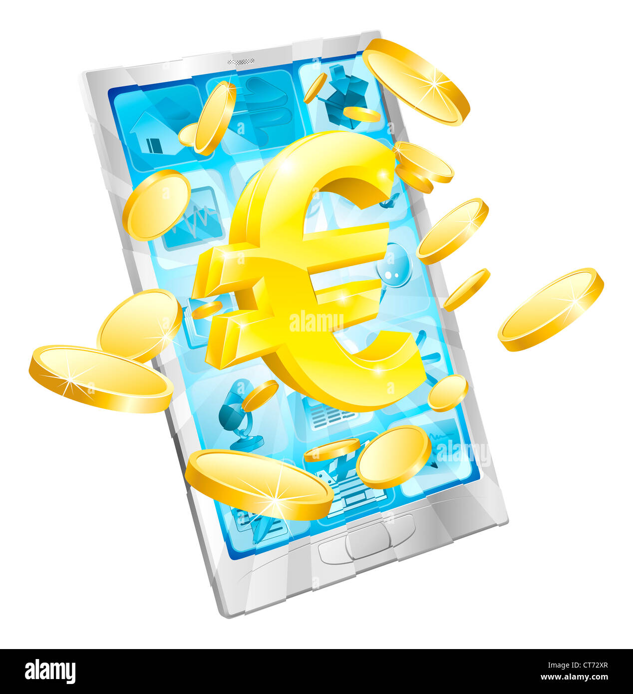 Euro Geld Telefon Concept Illustration des Handy mit Münzen und gold Euro-Zeichen Stockfoto
