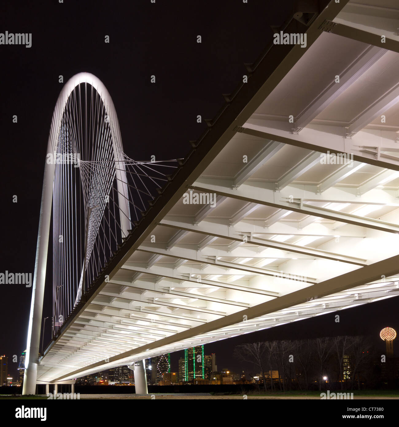 Die neue (2012) Margaret Hunt Hill Bridge, entworfen von Santiago Calatrava mit Nachtbeleuchtung von Dallas, Texas in den Hintergrund. Stockfoto