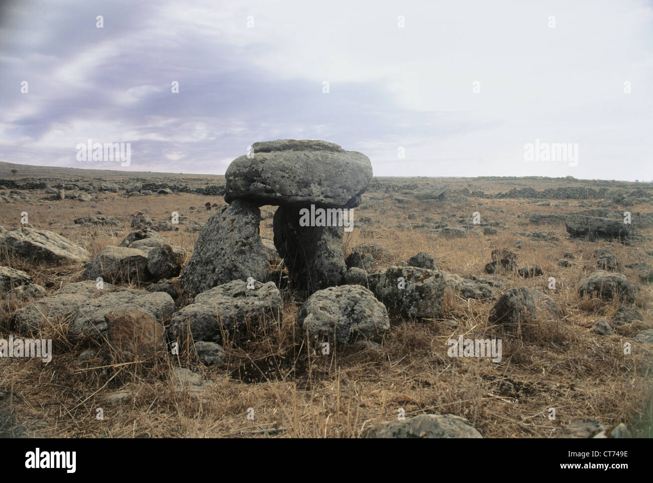 Foto von einem Dolmen vom an der prähistorischen Periode im südlichen Golan-Höhen Stockfoto
