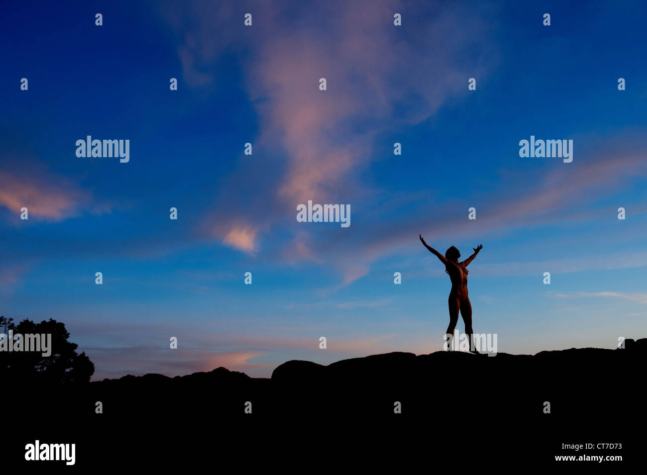 Junge Frau in Wüste mit Armen offen, silhouette Stockfoto