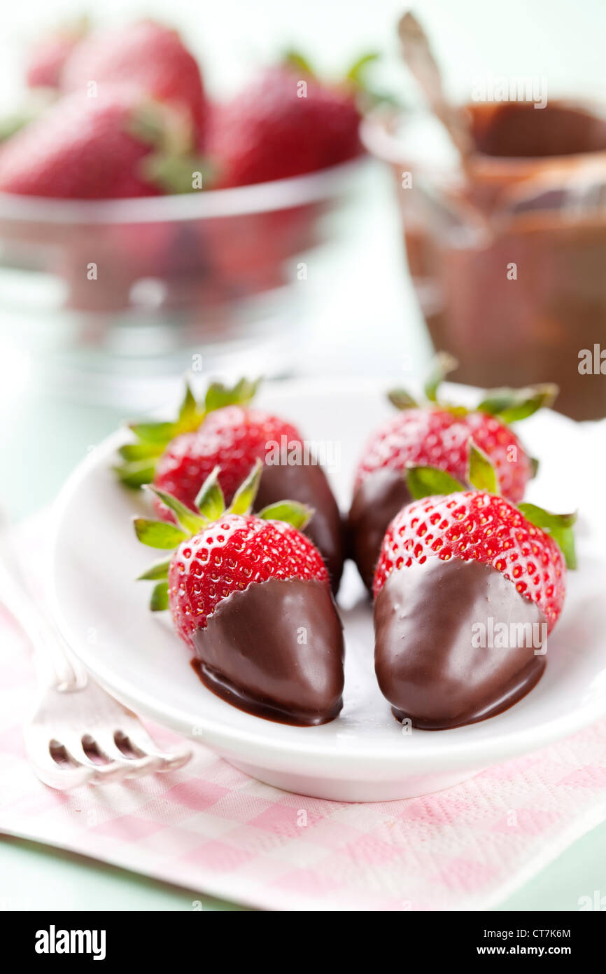 Erdbeeren mit Schokolade Stockfoto