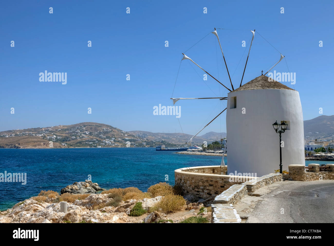 Windmühle in Parikia, Paros, Griechenland Stockfoto