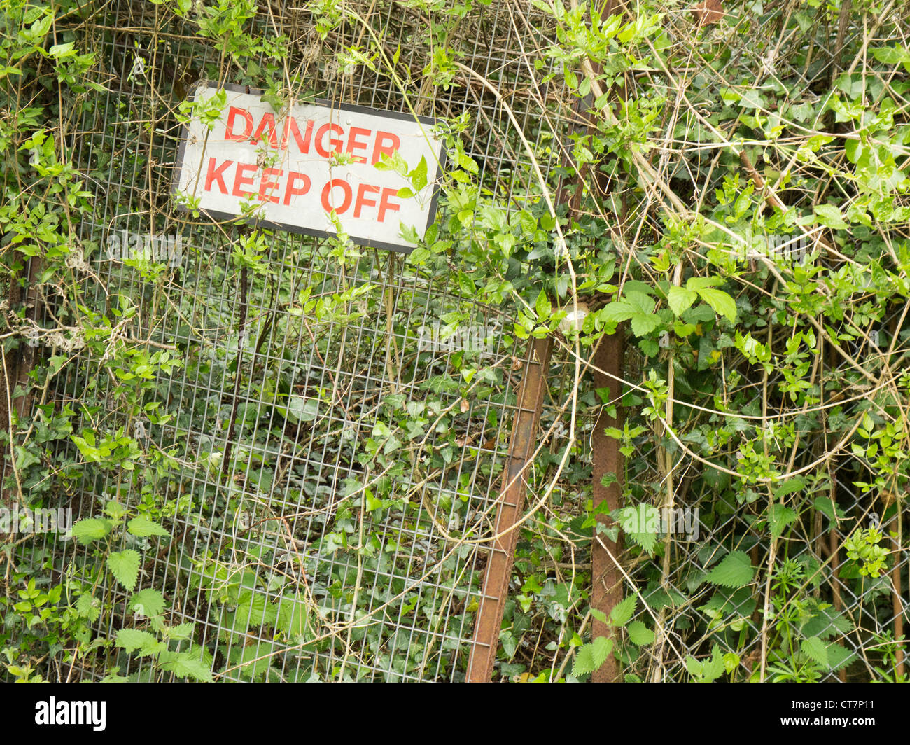 Gefahr fernzuhalten Zeichen auf Einzäunung von Vegetation überwuchert. Stockfoto