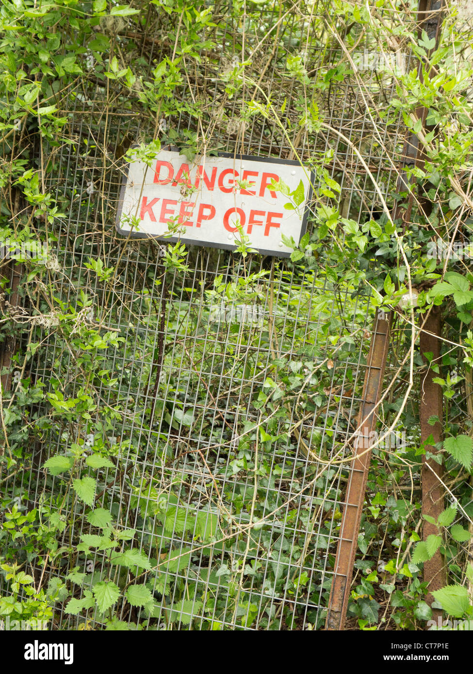 Gefahr fernzuhalten Zeichen auf Einzäunung von Vegetation überwuchert. Stockfoto