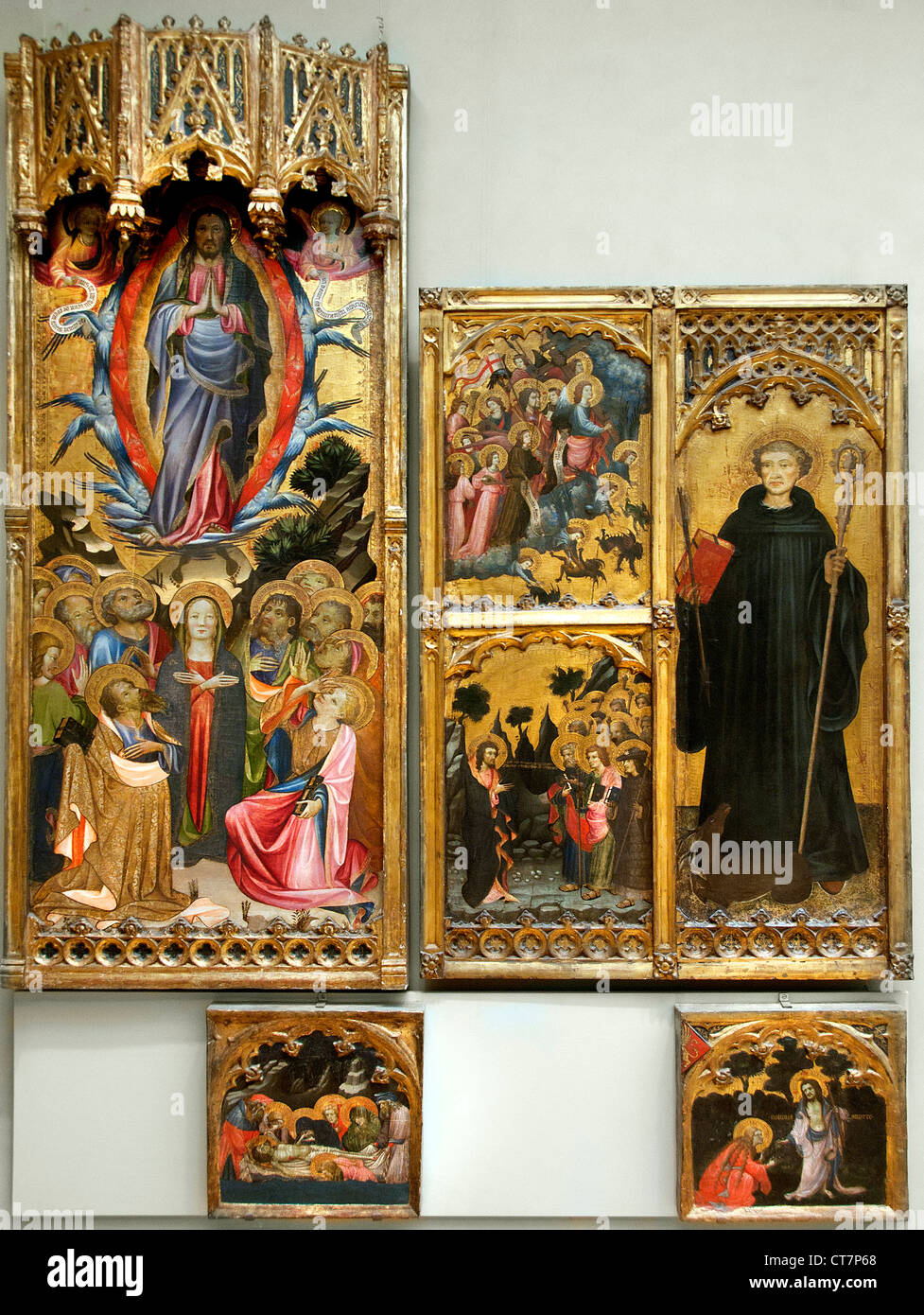 St. Giles mit Christus über Satan und die Mission der Apostles1420 von Miguel Alcañiz - Alcanyís Spanisch Spanien triumphiert Stockfoto