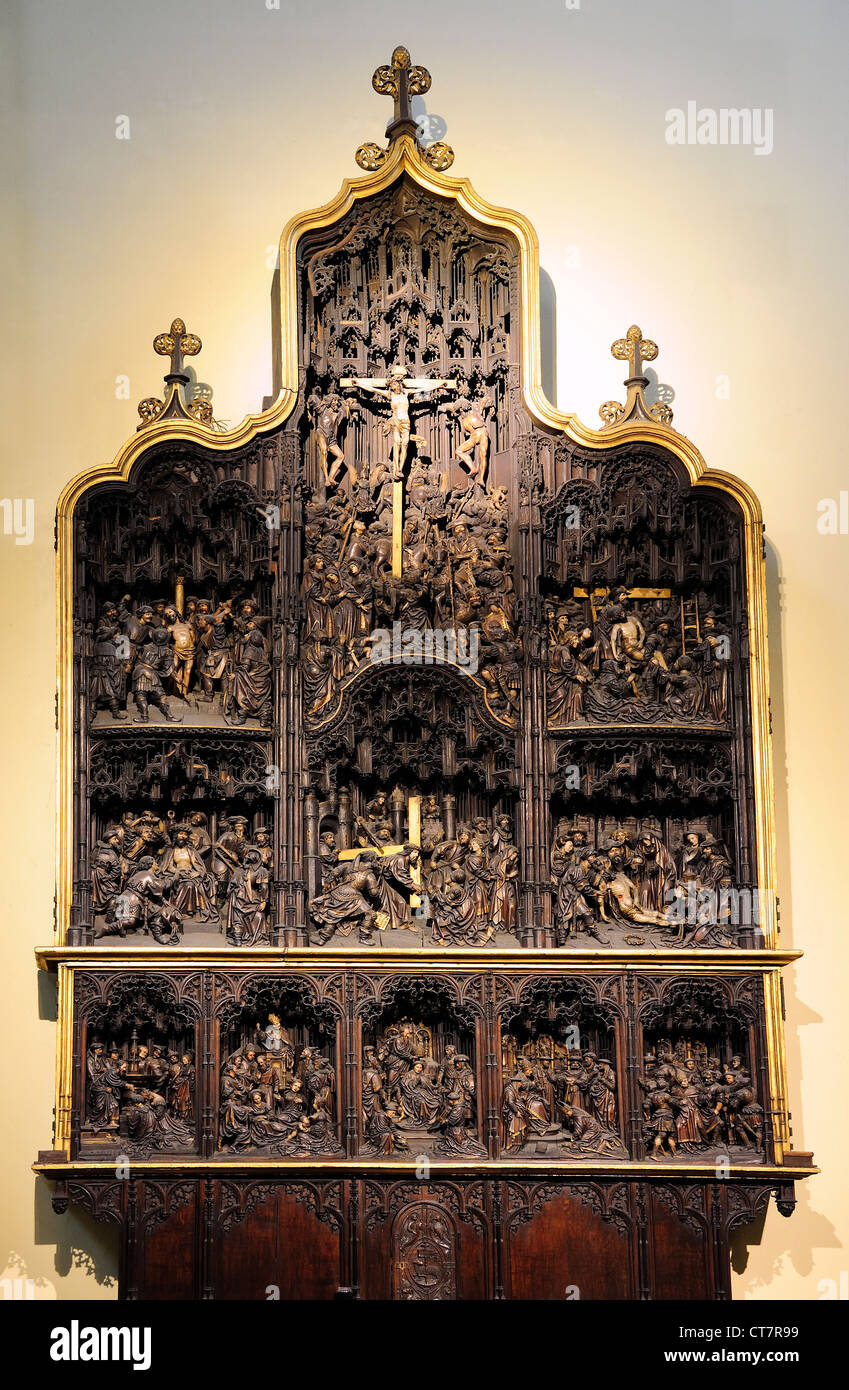 Lüttich, Belgien. Eglise Saint-Denis - Interieur. Frühen 16thC Brabant Altarbild - die Passion Christi Stockfoto