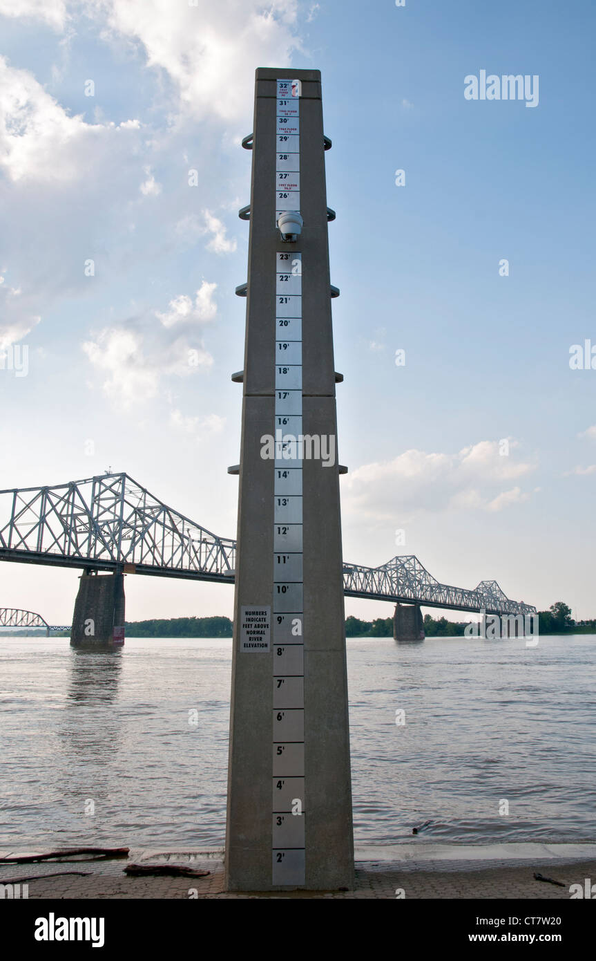 Kentucky, Louisville, Riverfront Park, Ohio River Wasserstand Flut Manometer. Stockfoto