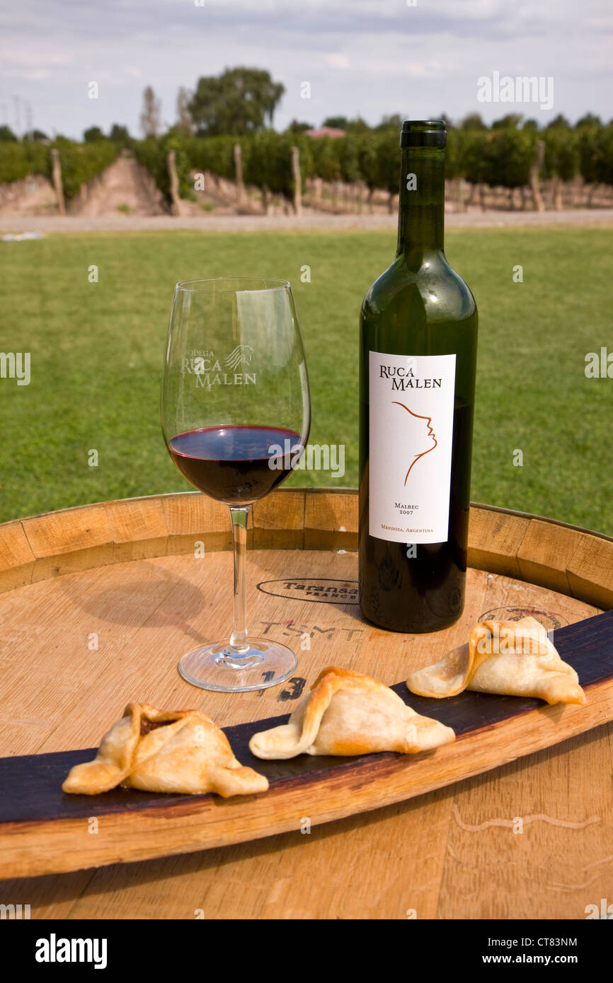 Flasche Malbec Wein bei Bodega Ruca Malen mit enpanadas Stockfoto