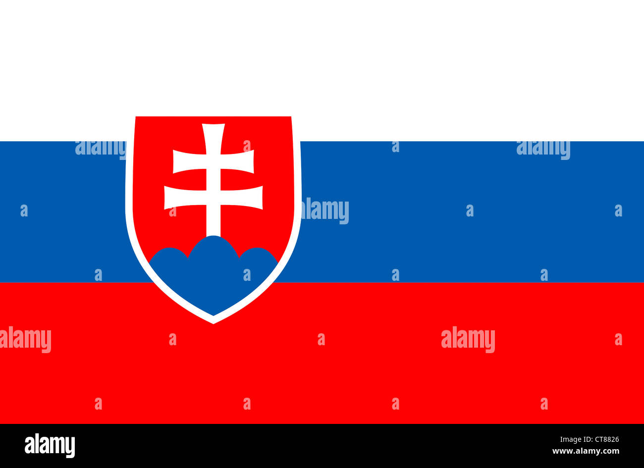 Flagge mit dem Staatswappen der Slowakischen Republik. Stockfoto