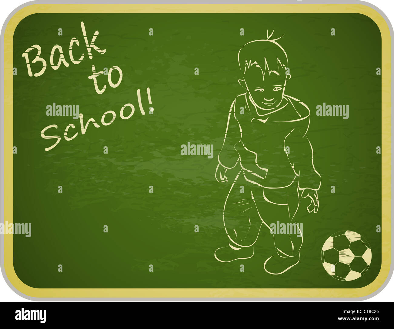 Kleiner Junge mit Ball auf Retro-Schule-Brett-Hintergrund - zurück zur Schule - illustration Stockfoto