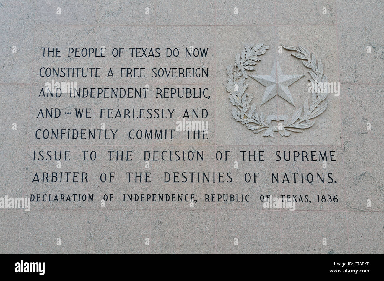 Unabhängigkeitserklärung, Republic of Texas, eingraviert auf Steinmauer. Austin, Texas. Stockfoto