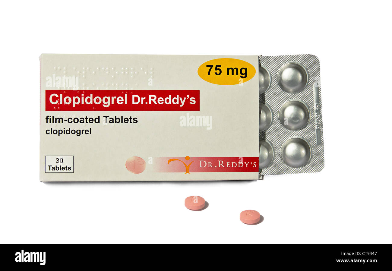 Ein Paket von Clopidogrel gerinnungshemmenden Medikamenten zeigt Tablet. Auch bekannt als Plavix. Stockfoto