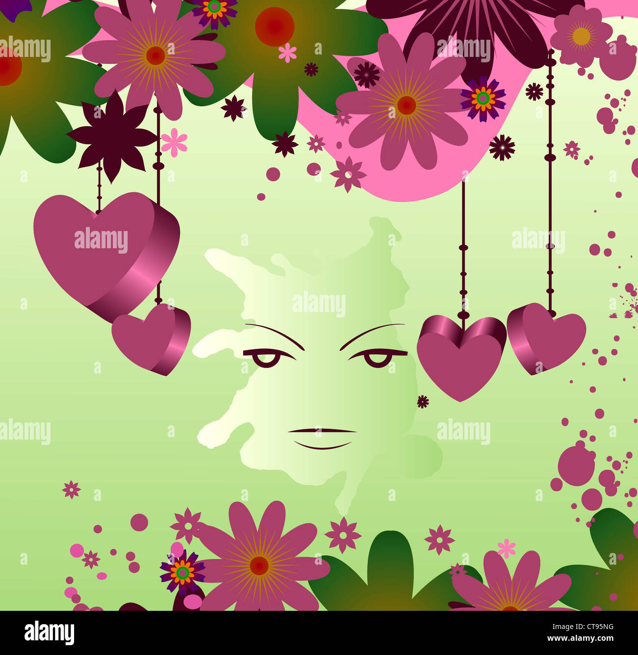 abstrakte Darstellung einer Dame mit Blumen und Herzen Stockfoto