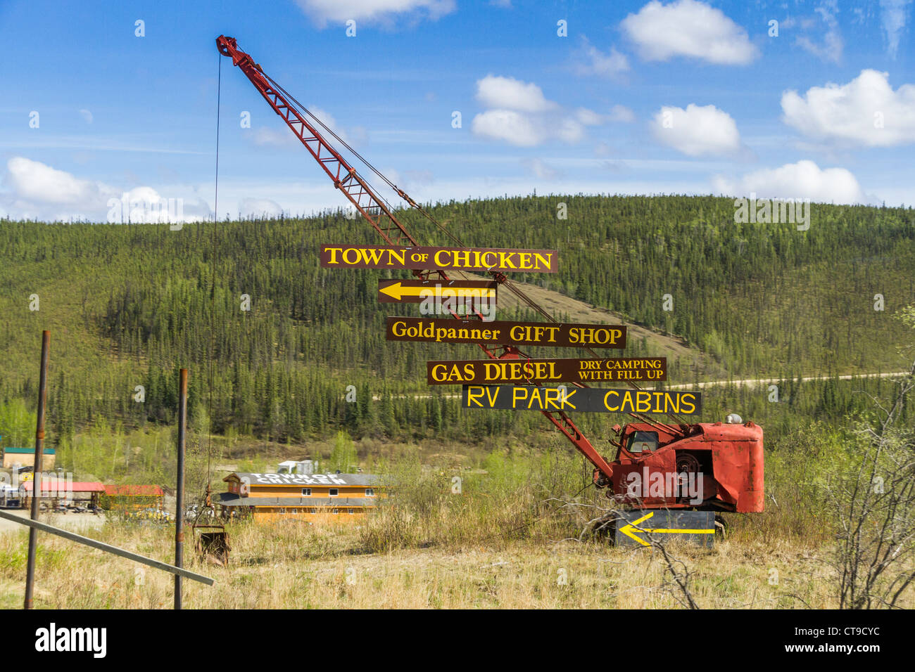 Chicken, Alaska, ist eine historische Kleinstadt mit Goldbergbau und Tourismus am "Top of the World Highway". Stockfoto