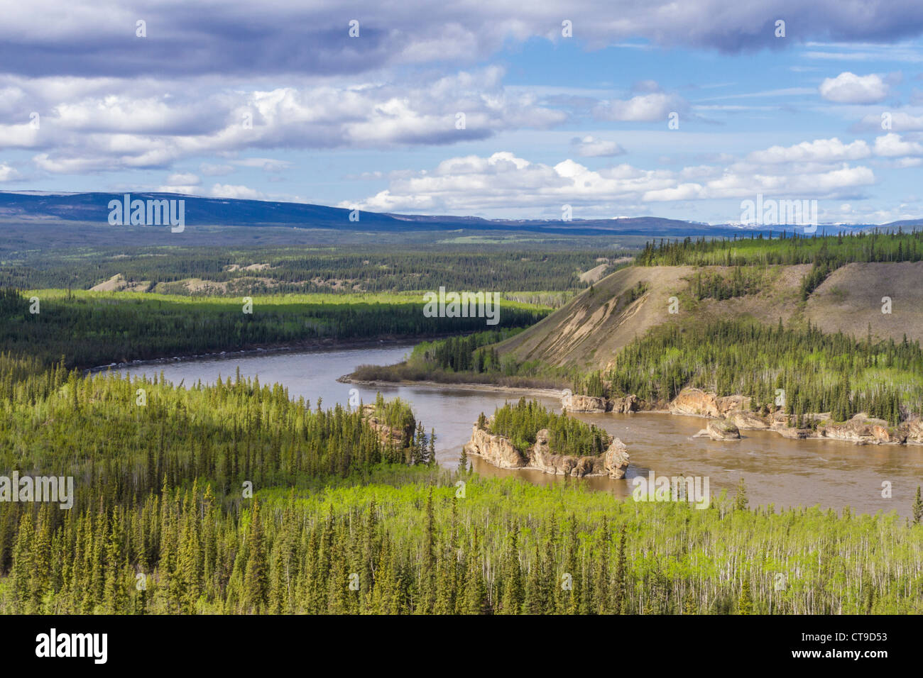 'Five Finger Rapids' auf dem Yukon River, Kanada, ein berühmtes Hindernis für Paddelbootdampfer während des Klondike Gold Rush. Stockfoto