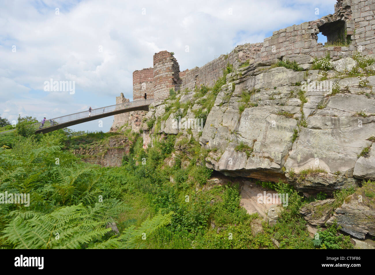 Die Ruinen von Beeston Castle mit Innenmauern, die auf Felsen erbaut wurden, moderne Fußgängerbrücke, die auf dem Gipfel des 500ft m hohen Grabens über Cheshire Plain UK einen tiefen Graben überquert Stockfoto