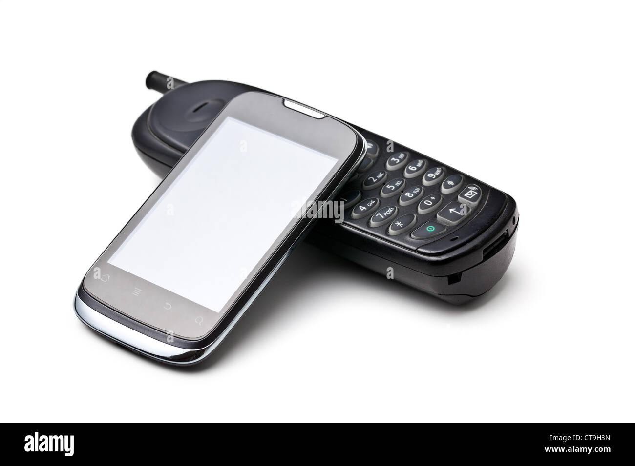 alte und neue Handy auf weißem Hintergrund Stockfoto
