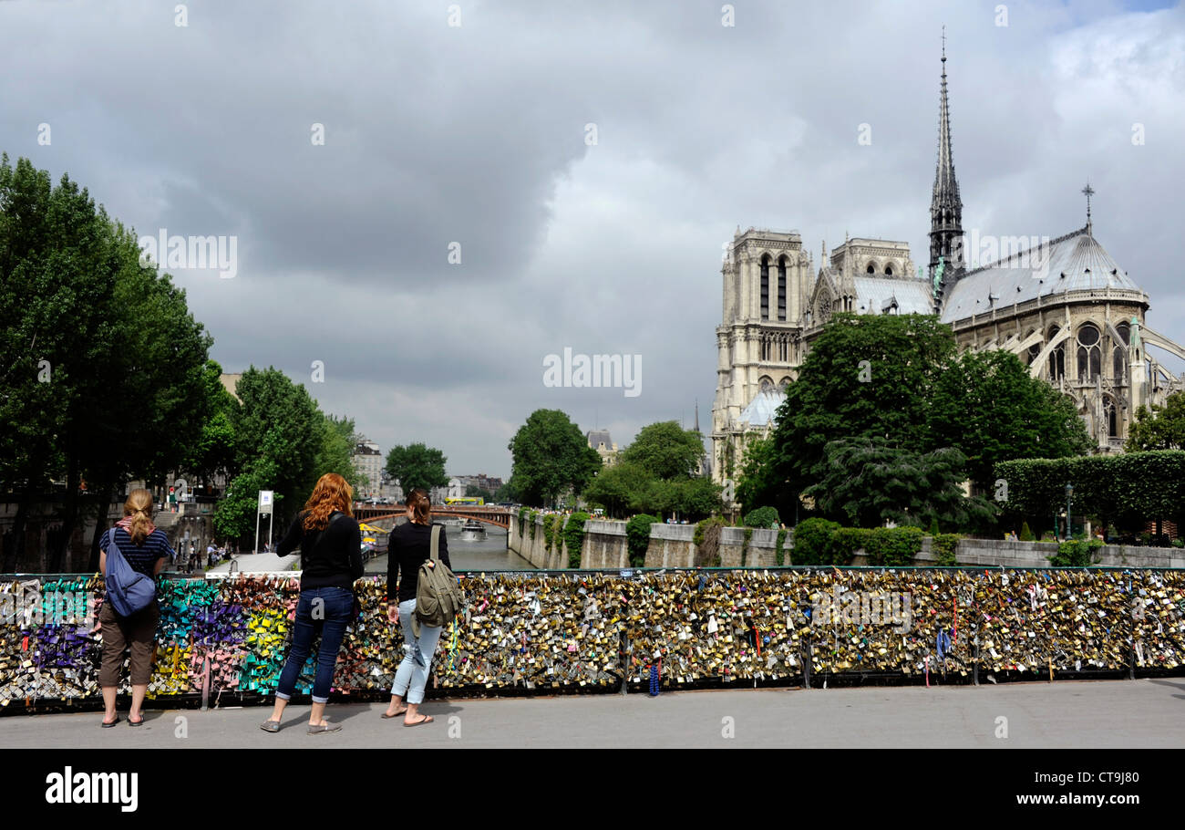 Liebe Vorhängeschloss an der Brücke Pont de l'Archeveche auf der Seine, Paris, Frankreich, Kathedrale Notre-Dame de Paris Stockfoto