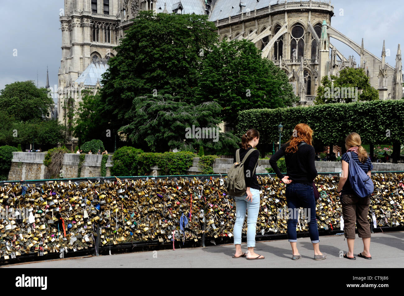 Liebe Vorhängeschloss an der Brücke Pont de l'Archeveche auf der Seine, Paris, Frankreich, Kathedrale Notre-Dame de Paris Stockfoto