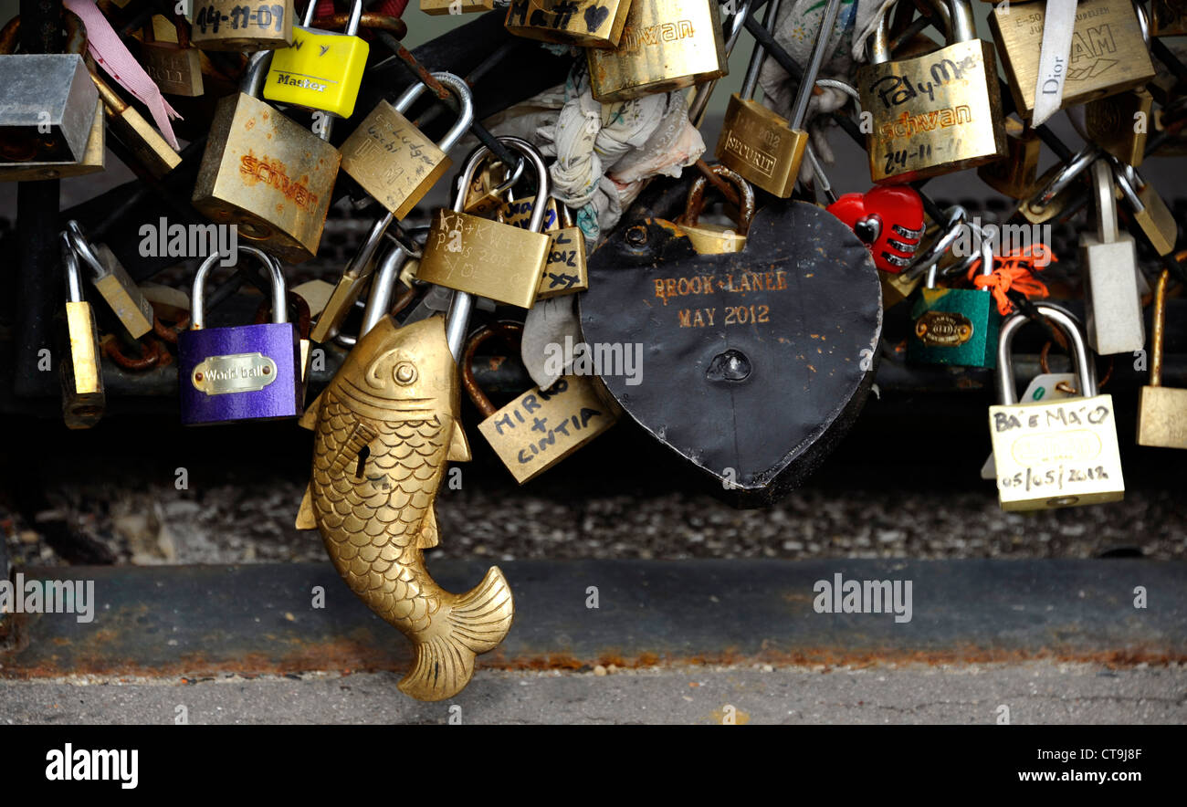 Liebe Vorhängeschloss an der Brücke Pont de l'Archeveche auf der Seine, Paris, Frankreich, Kathedrale Notre-Dame de Paris Stockfoto
