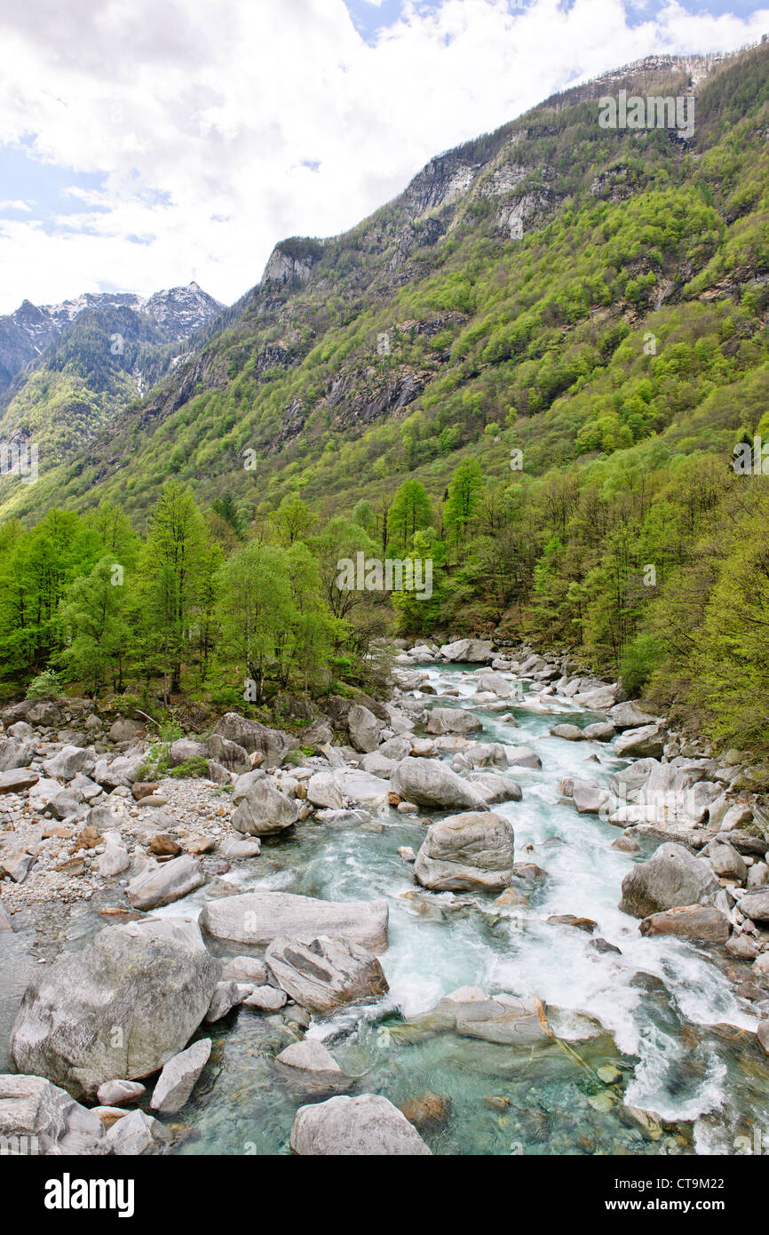 Radfahren, schmelzen Radfahrer, Mountainbike, Reiten, kristallklares Wasser, Lavertezzo, Brücken, Felsen, Verzascatal, Tessin, Schweiz Stockfoto