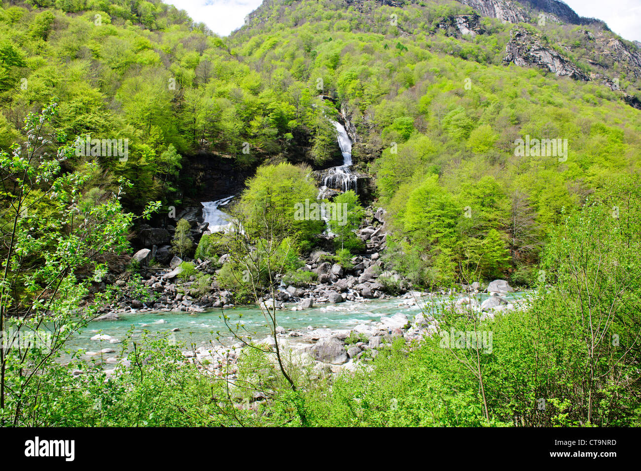 Kristallklare Wildwasser Kanu, Kanusport, grüne Täler, natürliche Umwelt, Tal des Flusses Verzasca, Tessin, Alpen, Schweiz Stockfoto