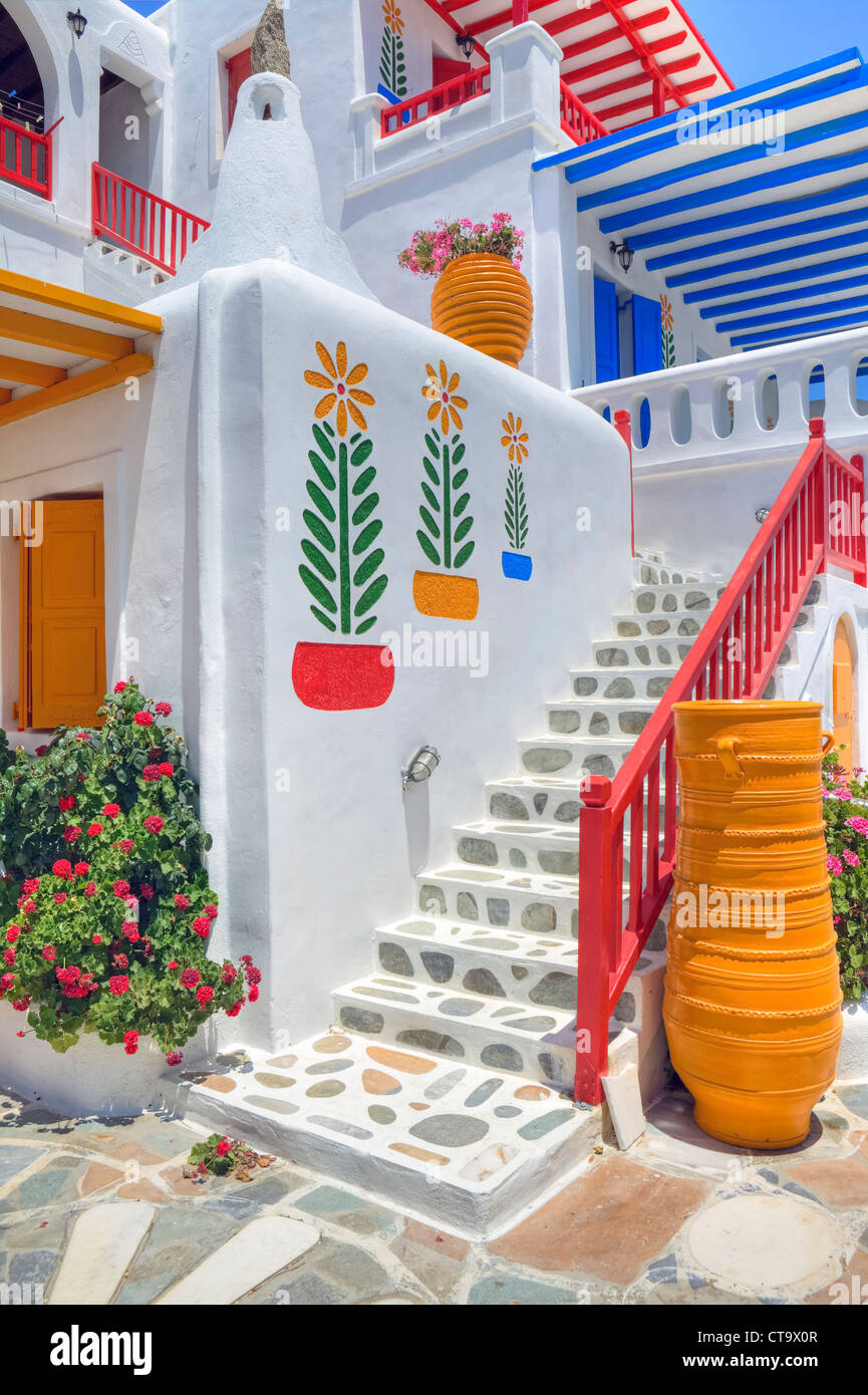 bunte Architektur von Mykonos, Griechenland Stockfoto