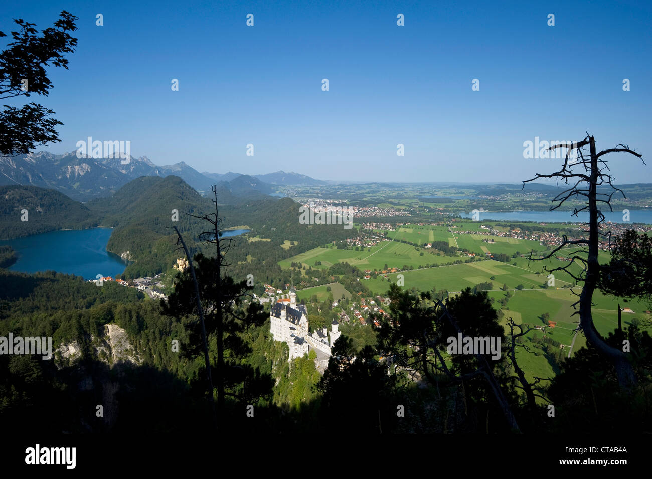 Blick auf Schloss Neuschwanstein und Schloss Hohenschwangau, Schwangau in der Nähe von Füssen, Allgäu, Bayern, Deutschland Stockfoto